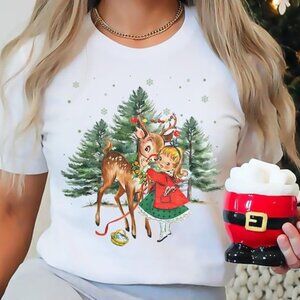 Christmas Girl and Reindeer Shirt, Retro Christmas Shirt